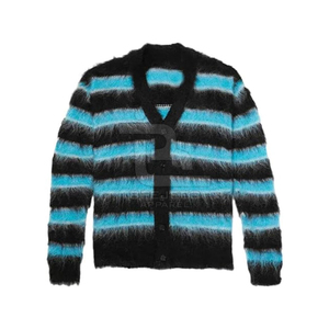 <b>Men's</b> Striped Knitted <b>Cardigan</b> Sweater Black And Blue <b>Long</b> Sleeve Thick Winter Wear Button Closure Full Sleeve - Product Image 1