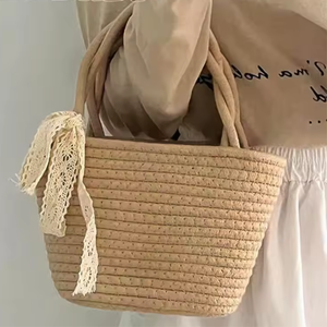 Natural Straw Woven Durable Fashion Tote <b>Bag</b> with Braided Handles and <b>White</b> Tassels for Shopping - Product Image 2