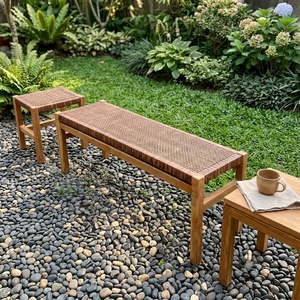 Modern Minimalist Ciaro Wooden <b>Bench</b> Natural Solid Teak Wood Brown Rattan Webbing Comfortable Lightweight & Durable Patio Garden - Product Image 3