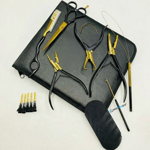 Kit d'outils professionnels pour extensions de cheveux avec pince multifonctionnelle, ouvre-microperles et pince à maillons, logo noir et or - Product Image 1