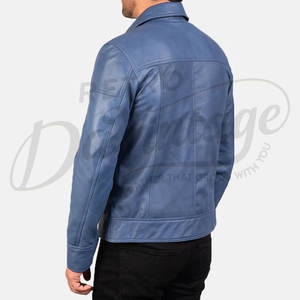 เสื้อแจ็คเก็ตหนังแท้สีฟ้าสำหรับผู้ชาย พรีเมียม ทรงคลาสสิก คอปกเสื้อเชิ้ต ทรงเข้ารูป หนังแท้เนื้อนุ่ม สวมใส่สบาย เหมาะสำหรับฤดูหนาว - Product Image 4