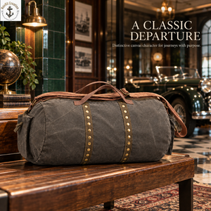 <b>Charcoal</b> Grey Canvas Duffel <b>Bag</b> with Rivet Detail Straps | Vintage Barrel Weekender Holdall with Brown Handles and Zip Fastener - Product Image 4