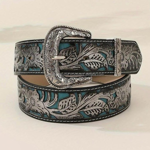 Ceinture en cuir occidentale personnalisée en gros, sculptée à la main, avec motif floral en relief, ceinture rétro avec boucle en diamant - Product Image 4
