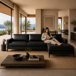 Sofá Seccional Clásico Tradicional de Cuero Genuino con Chaise Longue, Color Negro, Muebles de Lujo para Sala de Estar, Hotel y Hogar - Product Image 6