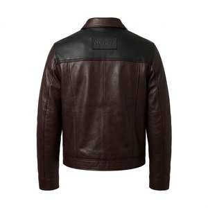 Maroon Wine Red Real Genuine Leather <b>Trucker</b> <b>Jacket</b> Black Patchwork Front Flap Pocket Snap Button Outerwear Coat - Product Image 2
