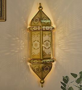 Trending Style Golden Moroccan Lantern Wall <b>Sconce</b> with Intricate Cutout Design for Home Decoration - Product Image 1
