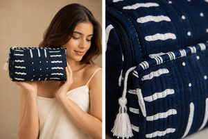 Wholesale Quilted Cotton Cosmetic Bag Set Block Print Travel <b>Makeup</b> Pouch Navy Blue Indigo Toiletry Organizer With Tassels - Product Image 4