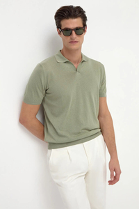 เสื้อโปโลผู้ชายสีเขียวอ่อน ผ้าฝ้าย แขนสั้น ทรงปกติ สวมใส่สบาย สีพื้น ผ้าถัก - Product Image 4