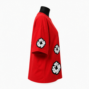 Camiseta Roja Oversize para Mujer, de Algodón, Corte Holgado, Cuello Redondo, Manga Corta, Bordado Floral, para Todas las Temporadas, Uso Casual, Precio Económico, OEM - Product Image 1