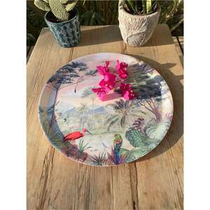 Bandeja Redonda de Metal Esmaltada con Diseño de Jungla Tropical y Aves Exóticas para Servir, Decorativa, para Hogar, Hotel, Bar, Venta al por Mayor - Product Image 1
