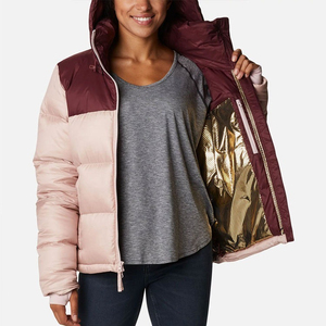 Women's Burgundy <b>Quilted</b> Puffer Jacket Full Sleeve Stand Collar Zipper Closure Solid Color <b>Winter</b> Outerwear Short Length - Product Image 6