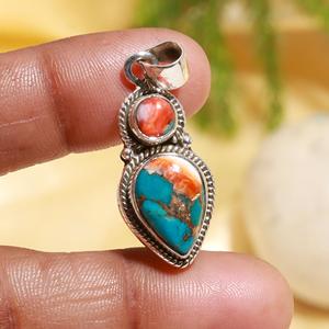 Pendentif artisanal vintage bohème en argent sterling 925 avec turquoise naturelle en forme de poire et coquille d'ormeau épineuse, idéal pour un anniversaire - Product Image 1