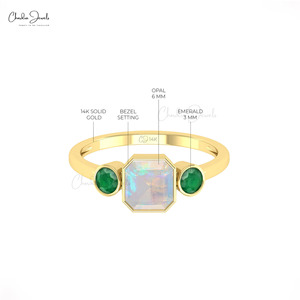 Chordia Jewels 14K Solid <b>Gold</b> Natural 6mm Opal Octagon <b>Ring</b> Bezel <b>Set</b> With Emerald Side Stones Women's Classic Engagement <b>Ring</b> - Product Image 4
