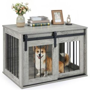 Cuccia per Cani in Legno Grigio da 80 cm con Porta Scorrevole, Tavolino da Interno per Animali Domestici - Product Image 1