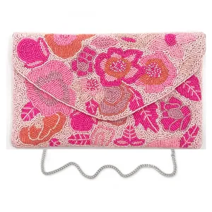 Handmade Beaded Floral <b>Clutch</b> <b>Pink</b> Rectangular Shape Cotton Embroidery Craft Party Handbag - Product Image 1