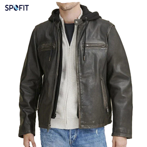 <b>Men's</b> Distressed Brown Genuine Leather Jacket with Attached Hood Real Leather Biker Jacket with <b>Fleece</b> Hoodie - Product Image 1
