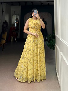 MarbalFloral Print Floor-Length Gown For Women Elegant Spring Wedding Dress Loose Fit Rayon Material India - Product Image 2