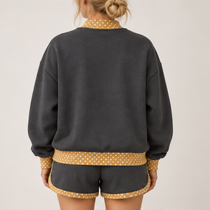 Ensemble short 2 pièces pour femme, col montant, avec bordure à pois contrastante anthracite, vêtements de sport décontractés personnalisés - Product Image 2