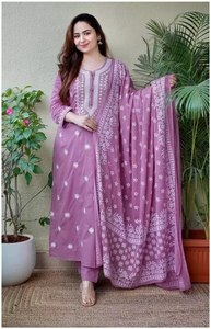 Embroidered Cotton Salwar Kameez Set with Dupatta Women Traditional Loose Fit <b>Ankle</b>-Length Casual Wear India Pakistan Style - Product Image 5