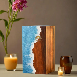 Handcrafted Ocean Wave Resin & Natural Wood Cremation Urn Blue Epoxy Ashes <b>Box</b> Artistic Funeral <b>Memorial</b> <b>Keepsake</b> by AYAANS - Product Image 2