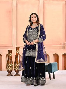 Women's Navy Blue Velvet Salwar Kameez With <b>Silver</b> Embroidery Traditional Indian Wedding Wear Ankle-Length Regular Fit - Product Image 1