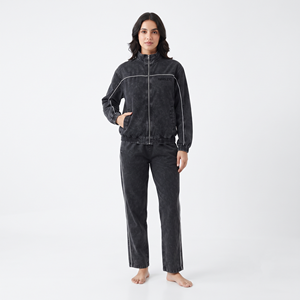 Women's Regular Fit Acid Wash Full Zip Jacket Solid Black Color Contrast Piping Tracksuit Custom <b>Sweat</b> <b>Set</b> Sportswear - Product Image 1