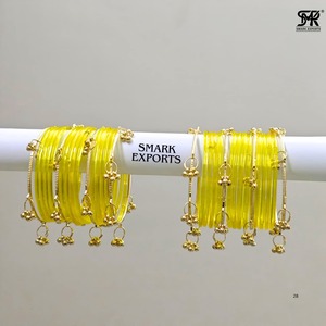 Golden Yellow 32-Piece 2mm Gold Plated Kashmiri Jelly <b>Bangles</b> Set Ghungru Both Hands Traditional <b>Indian</b> Chudi Women's Certified - Product Image 2