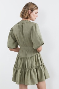 Robe d'été trapèze en lin à col en V ouvert, manches bouffantes, ceinture assortie, détail volanté, manches courtes sexy, grandes tailles disponibles - Product Image 3