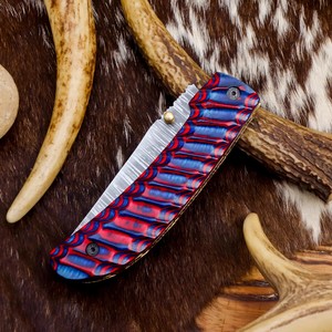 Couteau pliant tactique en acier Damas, manche en bois Pakka, étui de transport vertical, OEM/ODM personnalisé - Couteau de chasse EDC - Product Image 2