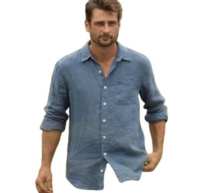 Camisa de lino para hombre Estilo informal de verano con patrón teñido liso Ajuste regular Mangas completas y cuello Diseño de cuello color azul - Product Image 1