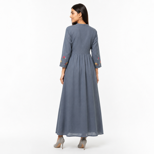Blue Floral Embroidered Linen Maxi Dress Women V-neck Tunic Dress <b>Wedding</b> Party All Seasons - Product Image 3