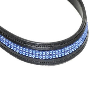 Bande de sourcil de cheval rembourrée en cuir noir de qualité supérieure, canal vide incrusté avec 2 rangées personnalisées de belles perles bleues, strass en cristal - Product Image 3