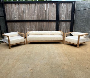 Minimalist Caira Outdoor <b>Sofa</b> <b>Set</b> Ergonomic Breathable Teak Wood Frame Water Resistant Contemporary Deck Furniture Rust-Proof - Product Image 1