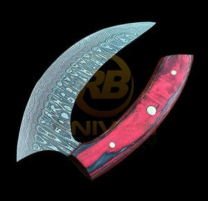 Handmade Damascus Ulu <b>Knife</b> Curved Blade Hunting Skinning <b>Knife</b> with Wooden <b>Handle</b> & Leather Sheath - Product Image 6