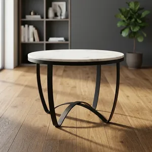 Modern Iron Marble <b>Coffee</b> <b>Table</b> Round <b>White</b> Marble Top Black Metal Base Living Room Center <b>Table</b> Home Furniture - Product Image 2