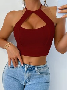 Halter Neck Keyhole Cutout Athletic Sports Bra Ribbed Seamless Fitted <b>Crop</b> <b>Top</b> Running Activewear Yoga Tank <b>Top</b> - Product Image 1