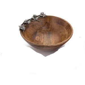 Bol de service rond en bois fait main indien avec accent métallique pour salade et soupe, vaisselle de cuisine, bols de service - Product Image 2