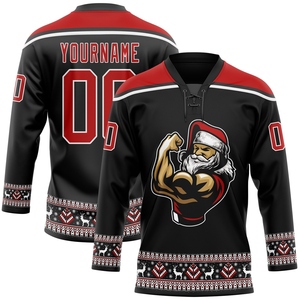 Venta al por Mayor del Jersey de Hockey 3D Personalizado de OMMIZ INDUSTRY con Cuello de Encaje, Diseño de Santa Claus Navideño en Negro, Rojo y Blanco - Product Image 1