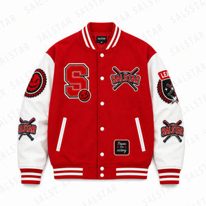 แจ็คเก็ตเบสบอลแบบ Varsity สีแดงขาวสั่งทำพิเศษ พรีเมียม ทำจากผ้าขนสัตว์ พร้อมป้ายปัก  ผู้ผลิตแบบ OEM/ODM - Product Image 3