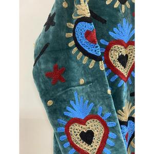 Hand Embroidered <b>Velvet</b> Knitted Cotton <b>Jacket</b> <b>Women</b> Mandarin Collar Full Sleeve Floral Pattern Open Front Prairie Winter/Spring - Product Image 3