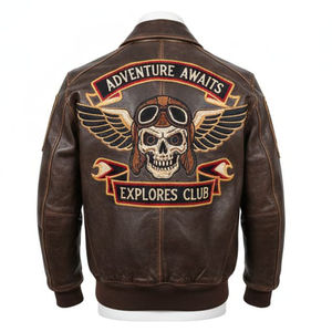 Blouson aviateur vintage en cuir véritable marron 2026 avec broderie personnalisée, style motard et pilote, rétro, pour homme et femme - Product Image 2