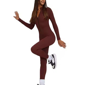 Combinaison moulante à manches longues et fermeture éclair pour femme, taille haute, couleur unie, coupe ajustée, longueur intégrale, col en V, effet ventre plat, style streetwear - Product Image 1