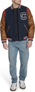 <b>Men's</b> Navy Varsity <b>Jacket</b> With <b>Leather</b> Sleeves Embroidered C Logo Zipper Closure Preppy Style Autumn Wear - Product Image 5