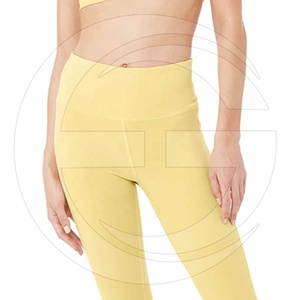Ensemble de leggings et soutien-gorge de sport sans couture jaune pour femme, col en V, dos nageur, maintien élevé, couleur unie, Spandex Nylon, simple et écologique - Product Image 6