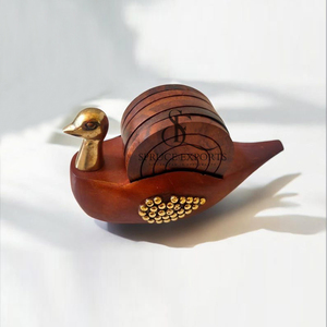 Handmade Wooden <b>Coaster</b> <b>Set</b> With Brass Duck Holder. Unique Engraved Cut Design Handcrafted Tableware For Bulk Home & Bar Decor - Product Image 3