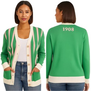 Cardigan universitaire personnalisé pour femme, col en V, style sororité 1908, rose et vert, avec logo en chenille sur le devant, collection Printemps - Product Image 3