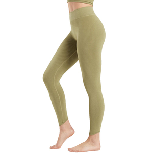 Leggings de Yoga de Cintura Alta Color Verde Oliva, Acanalados, Sin Costuras, de Spandex/Nylon, Secado Rápido, Transpirables, para Gimnasio y Fitness - Product Image 4