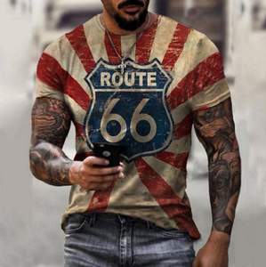 Nouveaux T-shirts d'été pour hommes, coupe ample et oversize, style vintage, manches courtes, imprimé lettres Route 66, col rond - Product Image 5