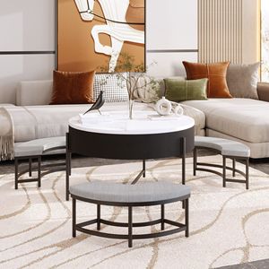 Tavolino da Caffè Moderno Rotondo con Piano Sollevabile e Contenitore, Bianco e Nero, 3 Pouf - Product Image 2