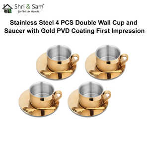 Primera impresión, 4 Uds., juego de tazas y platillos de doble pared de acero inoxidable con revestimiento de PVD dorado, juego de bebidas premium para servir - Product Image 5